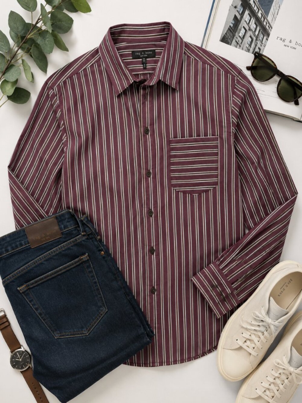 Rag & Bone New York Striped Button Down Shirt Burgundy Mens Medium